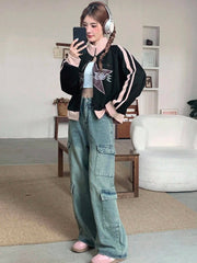 Korean StarWave Retro Zip-Up Sweatshirt