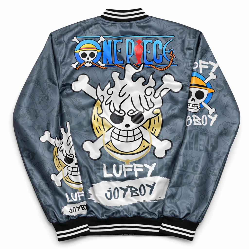 🔥 One Piece Luffy “Joy” Grey Bomber Jacket – Anime Streetwear Edition