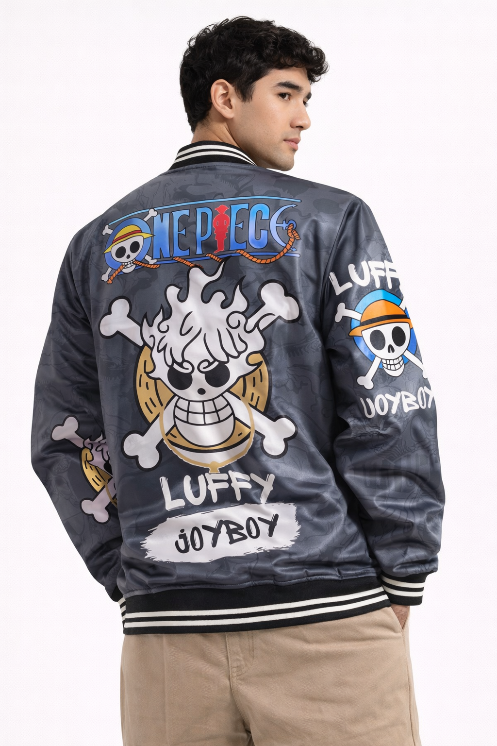 🔥 One Piece Luffy “Joy” Grey Bomber Jacket – Anime Streetwear Edition