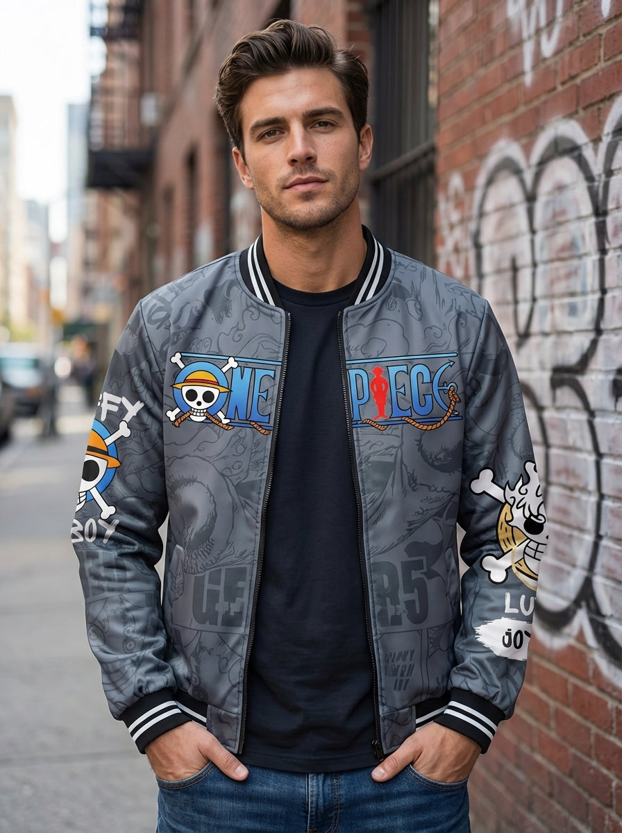 🔥 One Piece Luffy “Joy” Grey Bomber Jacket – Anime Streetwear Edition