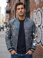 🔥 One Piece Luffy “Joy” Grey Bomber Jacket – Anime Streetwear Edition