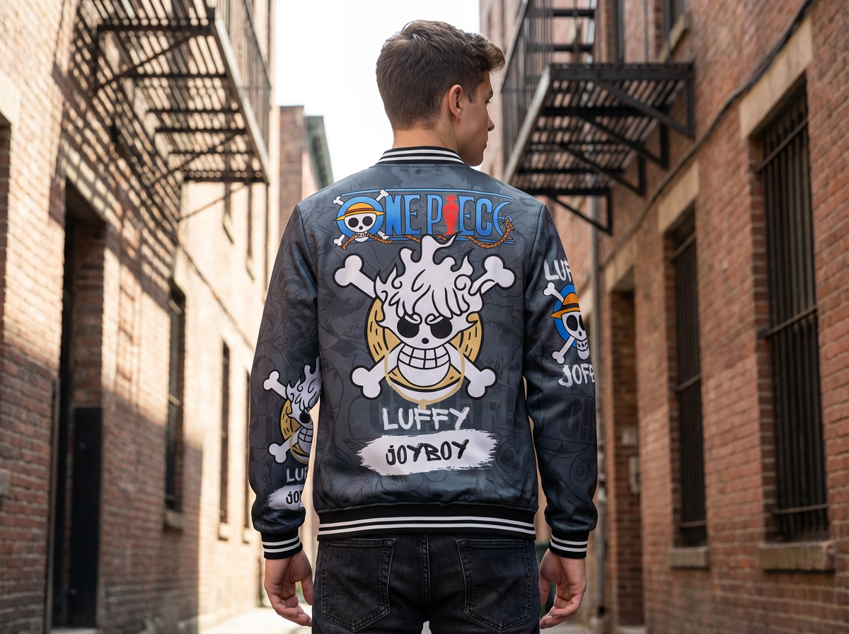 🔥 One Piece Luffy “Joy” Grey Bomber Jacket – Anime Streetwear Edition