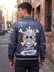 🔥 One Piece Luffy “Joy” Grey Bomber Jacket – Anime Streetwear Edition