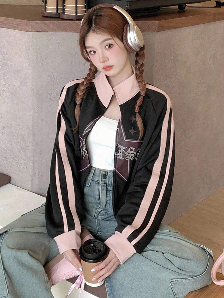 Korean StarWave Retro Zip-Up Sweatshirt