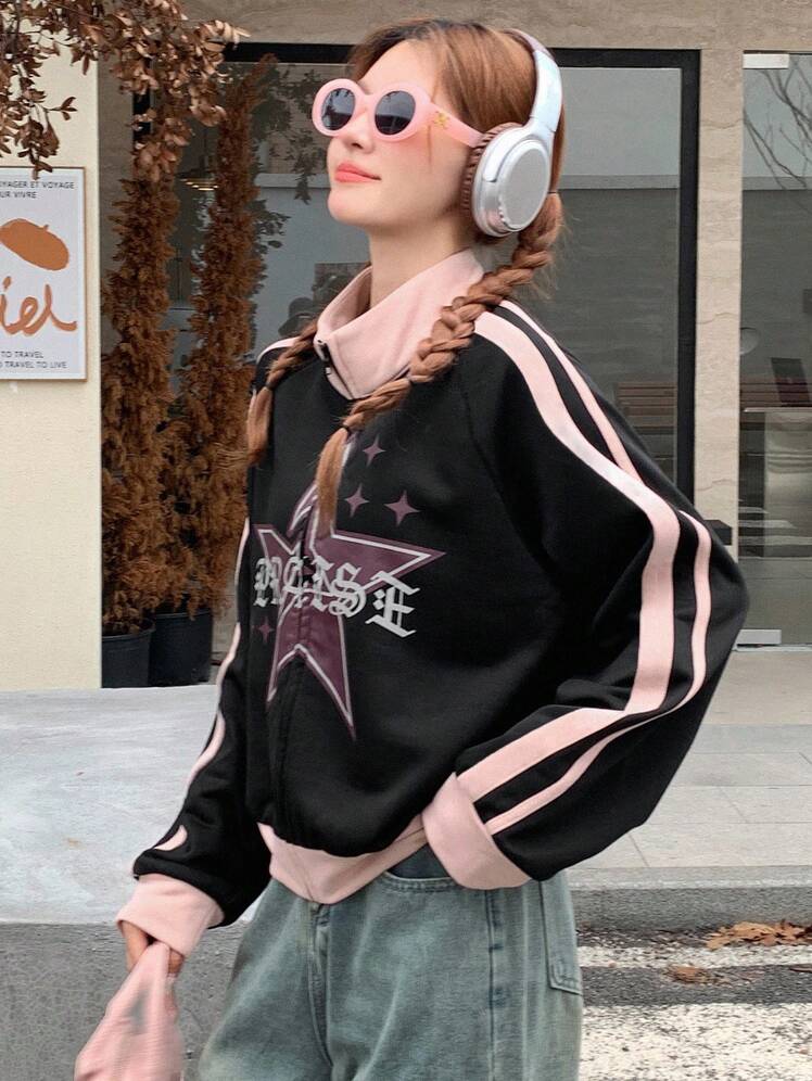 Korean StarWave Retro Zip-Up Sweatshirt