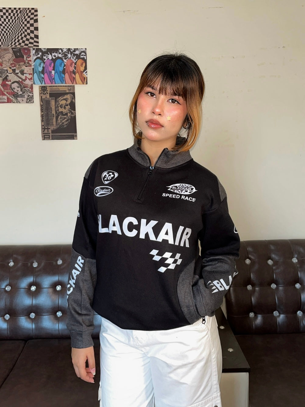 Black Air Printed Half Zipper Charcoal Shirt